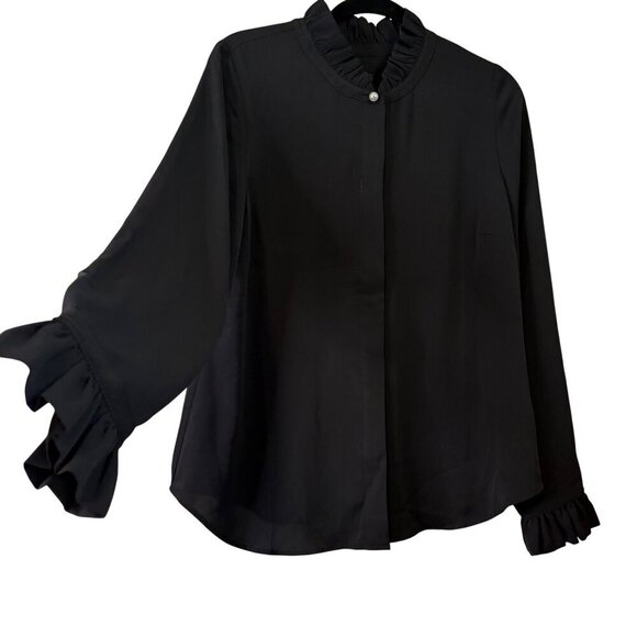 NWOT Talbots Ruffle Trim Pearl Button Black Business Button Down Shirt Size M - Picture 1 of 13